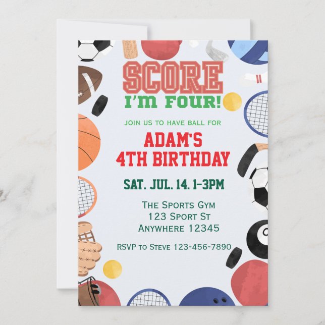 Score I'm Four, Sports 4th Birthday Inbjudningar (Framsida)