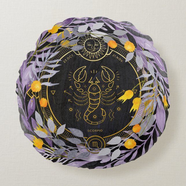 Scorpio Blommigt Utandning med zodiaksymbol Rund Kudde (Framsidan)