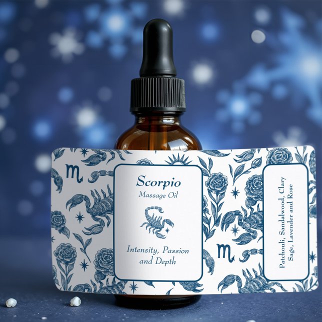 Scorpio Essential Oil Flaska Feminine Blue Blommig Fraktsedel (Gorgeous Scorpio essential oil bottle label with detailed scorpions and feminine blue floral pattern)