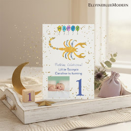 Scorpio First Birthday Guld, Balloons & Photo Inbjudningar