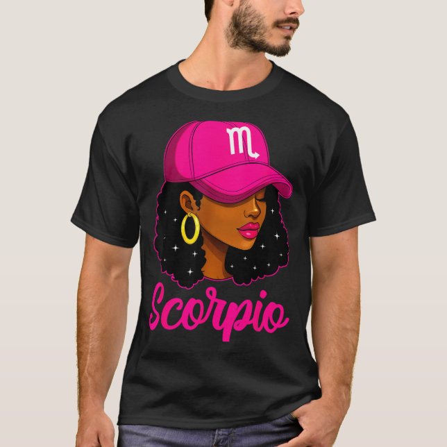 Scorpio Girl Pink Cap Zodiac Birthday Afro Women G T Shirt (Framsida)