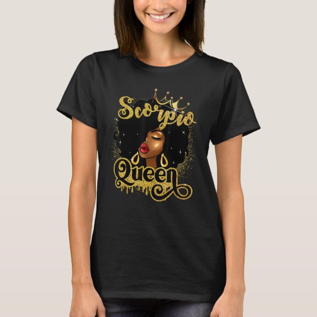 Scorpio Queen Birthday Afro Girls Black Zodiac Bir T Shirt (Framsida)