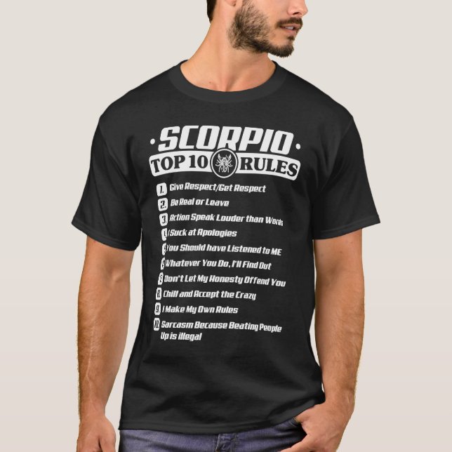 Scorpio Top 10 Regler Zodiac T Shirt (Framsida)