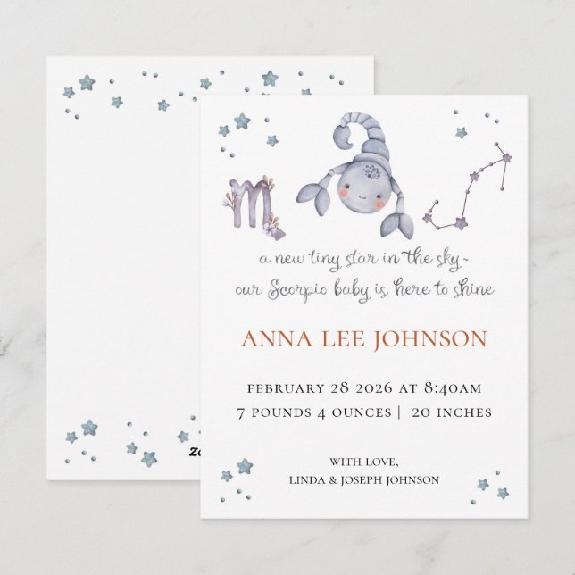 Scorpio Zodiac Birth Announcement Julkort (Fram/baksida)