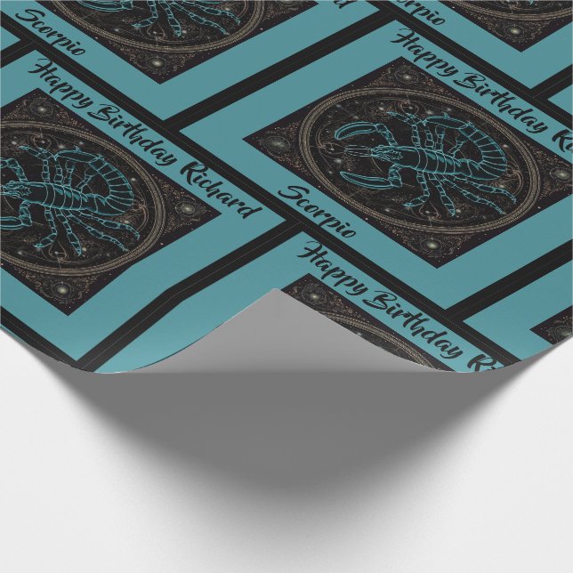 Scorpio Zodiac Birthday Add Namn Teal & Black Presentpapper (Hörn)