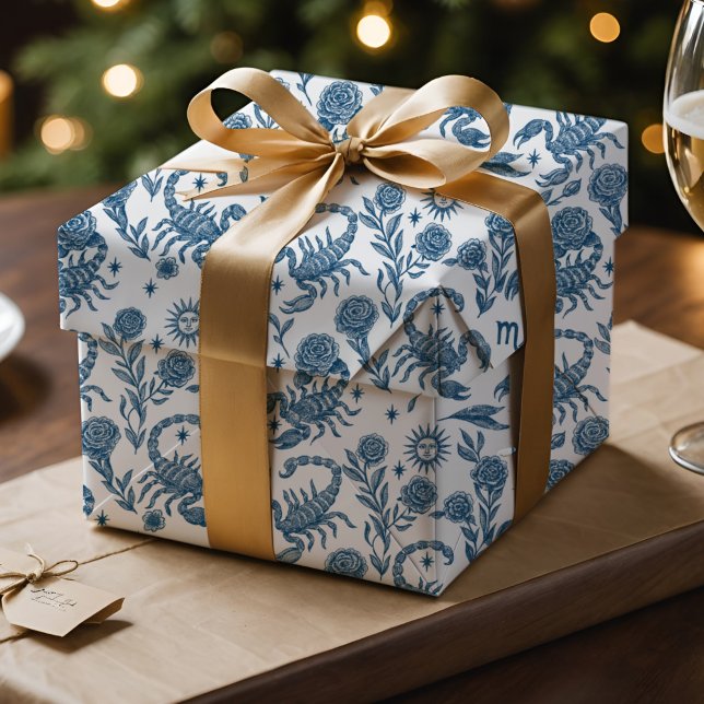 Scorpio Zodiac Intricate Celestial Blue Floral Presentpapper (Scorpio Zodiac toile wrap with Delft blue scorpions, florals & celestial charm.)