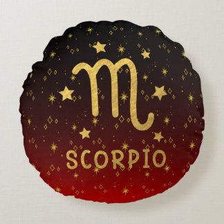 Scorpio Zodiac Red and Guld Round Pillow Rund Kudde