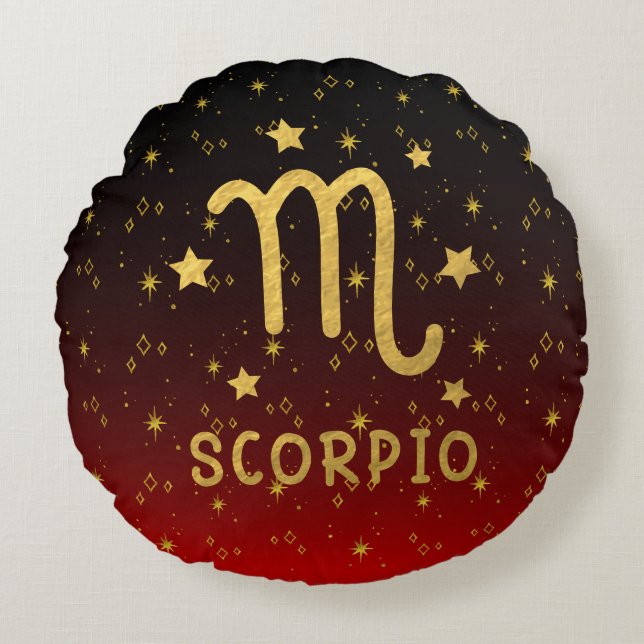 Scorpio Zodiac Red and Guld Round Pillow Rund Kudde (Framsidan)