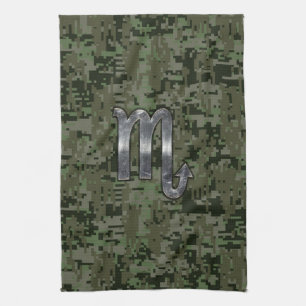 Scorpio Zodiac Symbol Woodland Digital Camo Kökshandduk