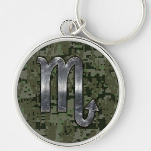 Scorpio Zodiac Symbol Woodland Digital Camo Rund Silverfärgad Nyckelring