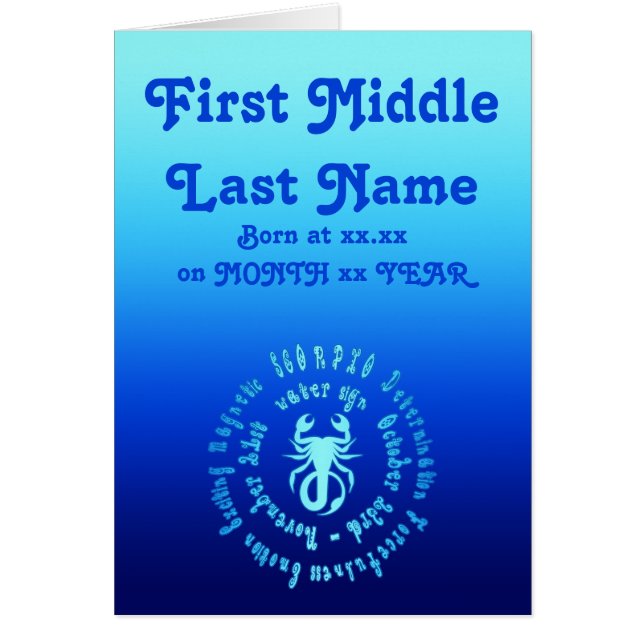 Scorpiokännetecken personifierar den nyfödda hälsningskort (Framsidan)