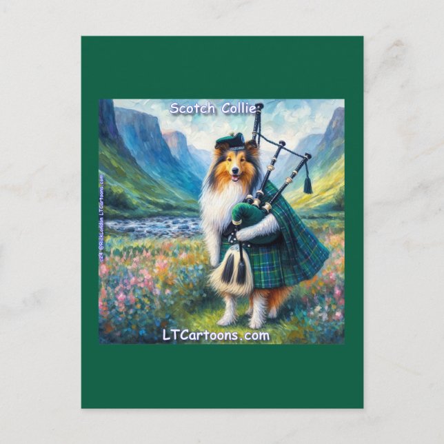 Scotch Collie Serenad – Dudelsäckar & Tartanwhimsy Vykort (Framsida)