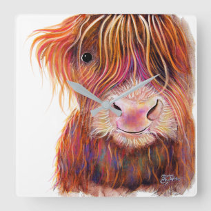 SCoTiSH HigHLaND CoW ' THe KiD 2' av SHiRLeY Mac Fyrkantig Klocka