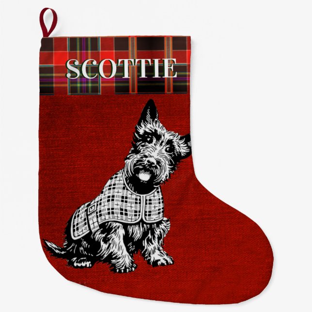 SCOTISH-TERRIERHUND, SCOTTIEHUND + TARTAN STOR JULSTRUMPA (Framsidan)
