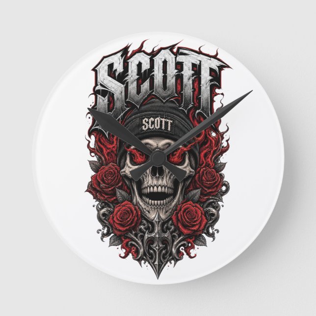 Scott Gothic Skull Personlig Namndesign Rund Klocka (Framsida)