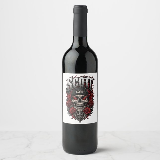 Scott Gothic Skull Personlig Namndesign Vinflaska Etikett (Framsida)