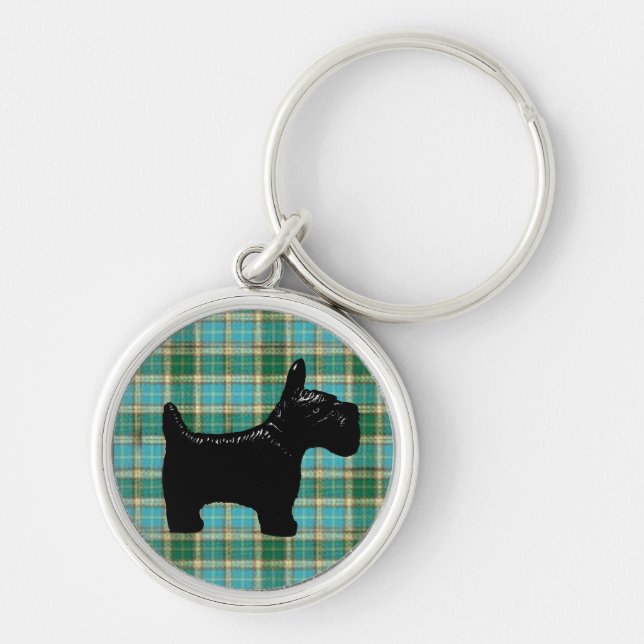 Scotte hundTartan Keychain Rund Silverfärgad Nyckelring (Framsidan)