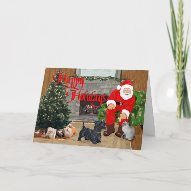 Scottie Hund och Siamkat med Tomte Helgkort (Framsida)