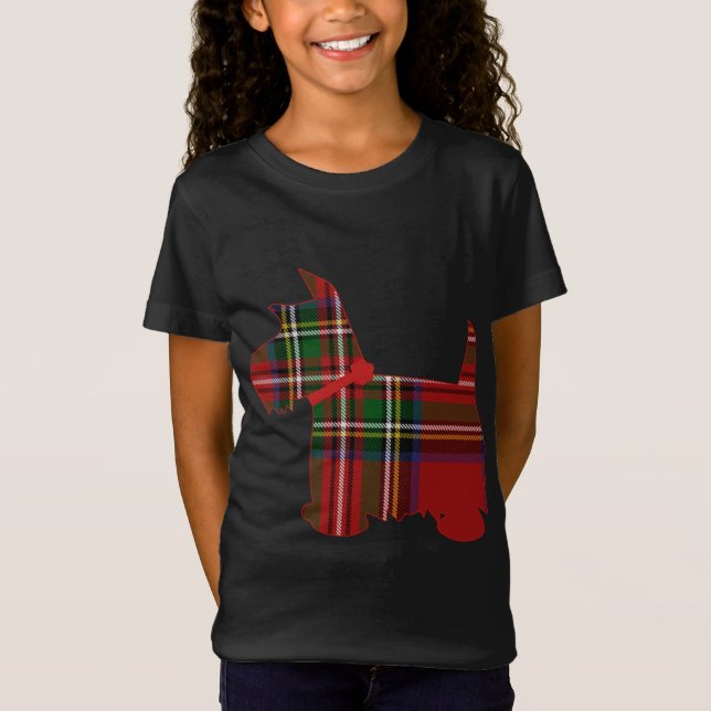 Scottie Hund Scottish Terrier Royal Stewart Tartan T Shirt (Framsida)