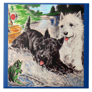 Scottie hundar Blackie och Whitie Fishing Kakelplatta