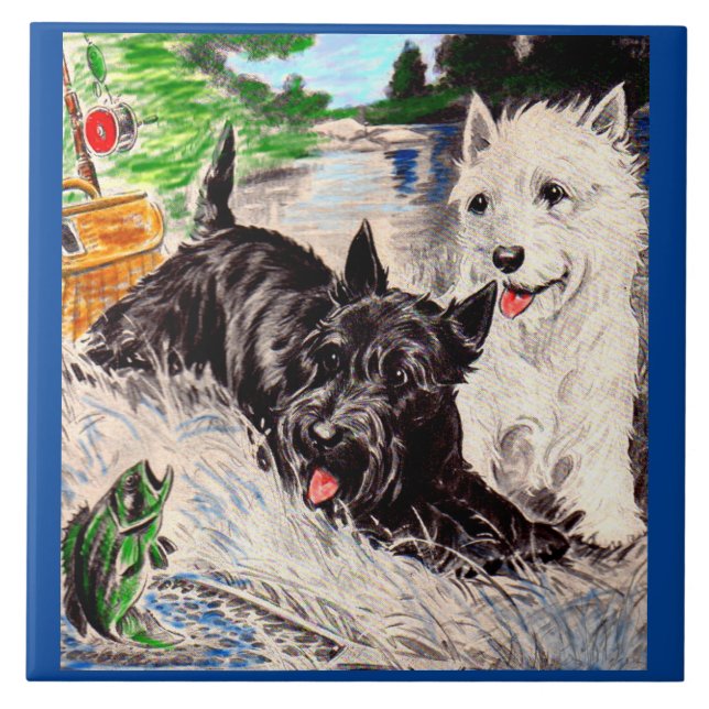 Scottie hundar Blackie och Whitie Fishing Kakelplatta (Framsidan)