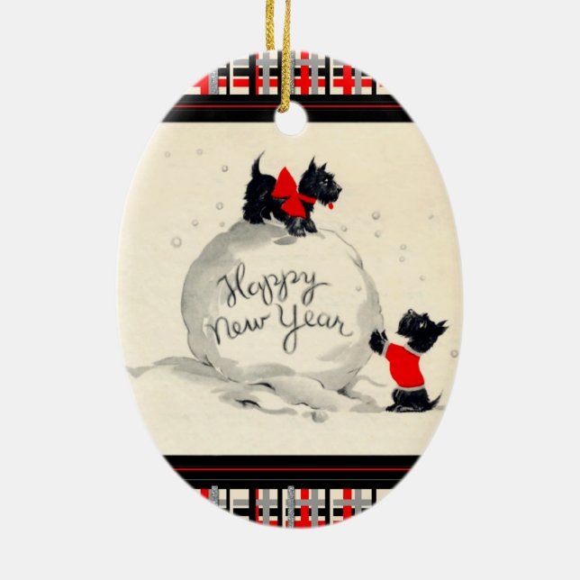 Scottie hundar gott nytt år julgransprydnad keramik (Baksidan)