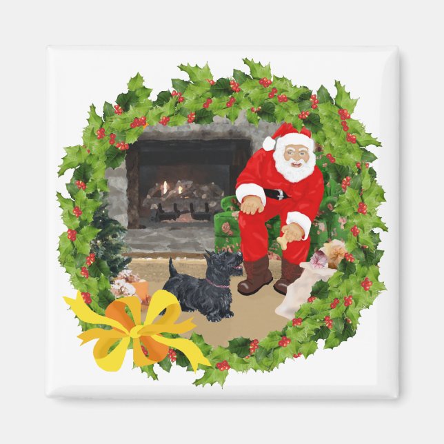 Scottie Hundar vid Christmastime Magnet (Framsidan)