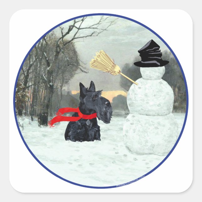 Scottie och Snömannen Fyrkantigt Klistermärke (Framsida)