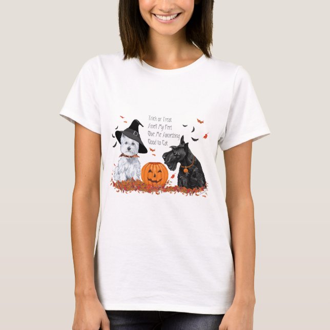 Scottie och Westie Halloween Kul T Shirt (Framsida)