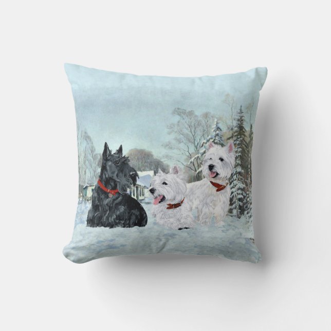 Scottie och Westies - Terrier Vinterkudde Kudde (Framsida)