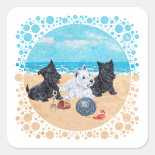 Scottie & Westie-valpar på stranden Fyrkantigt Klistermärke