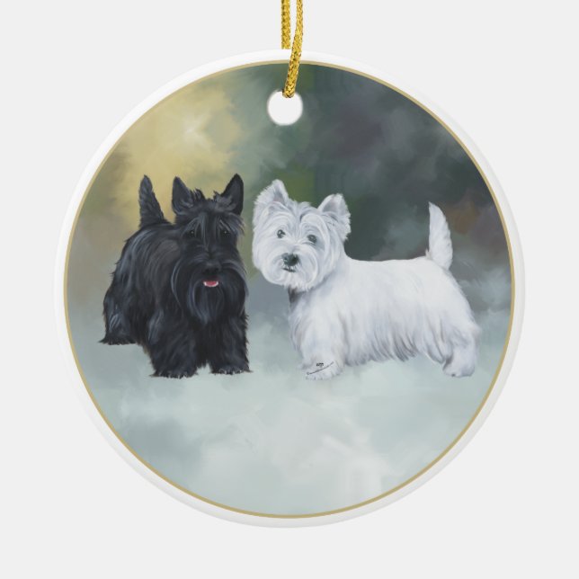 Scottie Westie Wintertime Julgransprydnad Keramik (Framsidan)