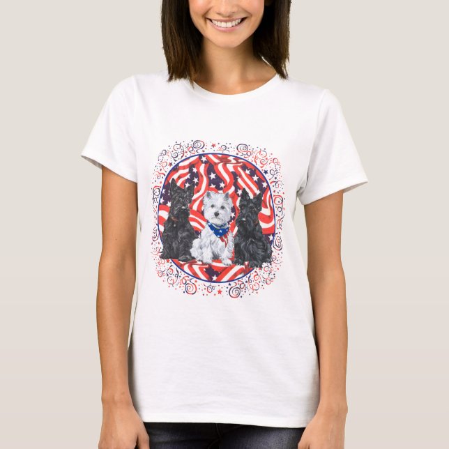 Scotties och en Westie amerikansk flagga Tee (Framsida)