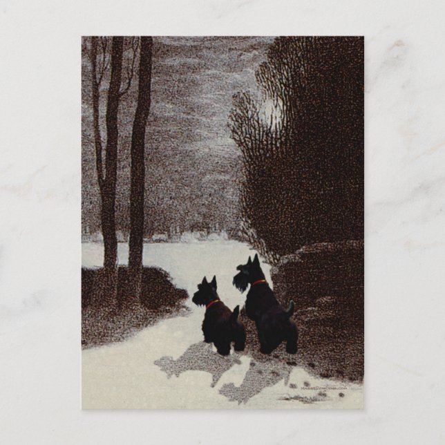 Scotties på en surrealistisk vinternatt vykort (Framsida)