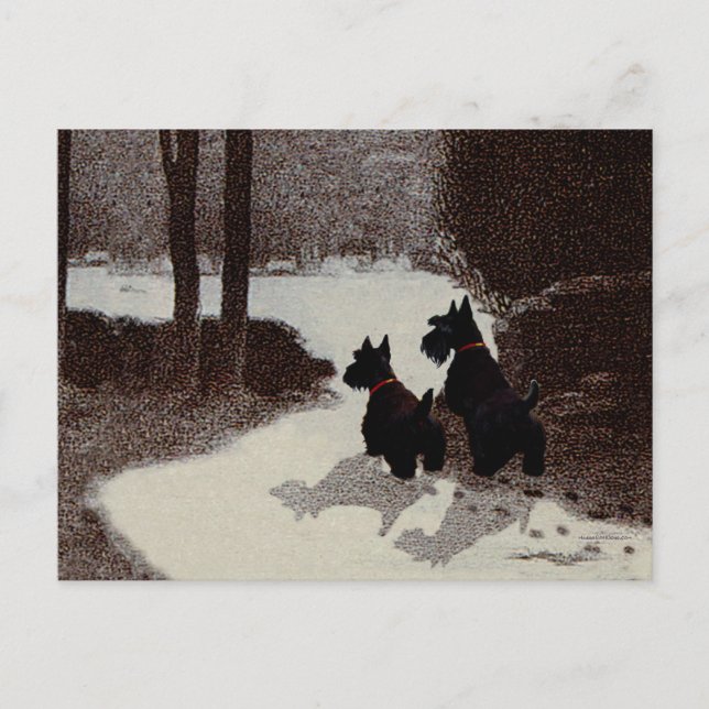 Scotties på en surrealistisk vinternatt vykort (Framsida)