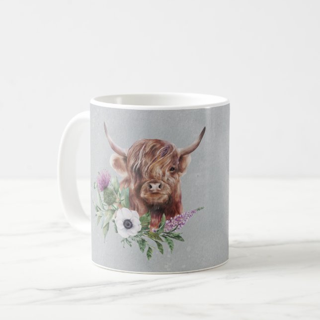 Scottish Brown Highland Cow Blommigt Personlig Kaffemugg (Framsida vänster)