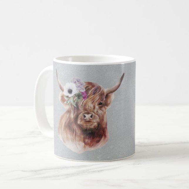 Scottish Brown Highland Cow Flowers Personlig Kaffemugg (Framsida vänster)