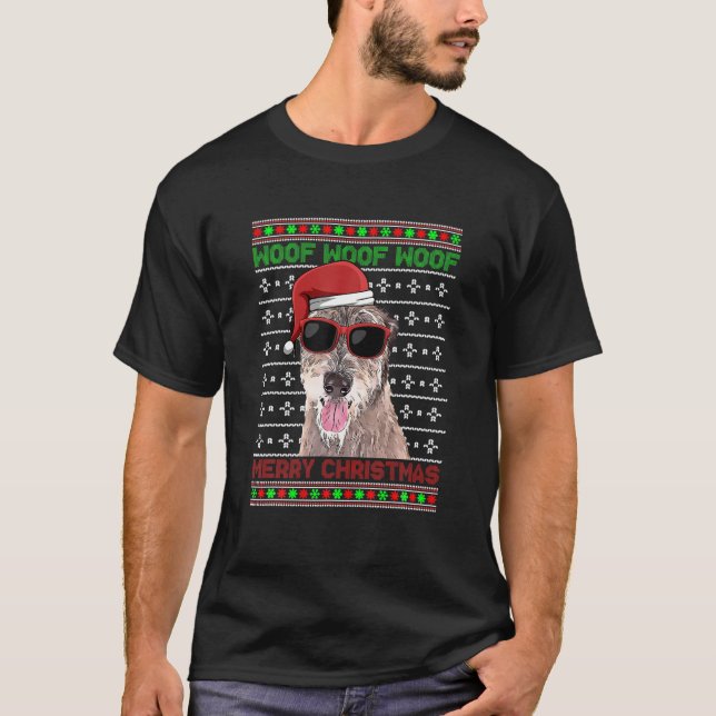 Scottish Deerhound Hund Funny Woof God jul T Shirt (Framsida)