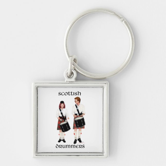 Scottish Drummers Fyrkantig Silverfärgad Nyckelring (Framsidan)