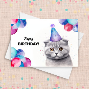 Scottish Fold Cat Balloons and Party Hat Birthday Kort