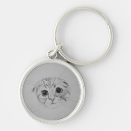 Scottish Fold Kitten Keychain Rund Silverfärgad Nyckelring