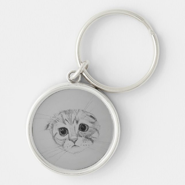 Scottish Fold Kitten Keychain Rund Silverfärgad Nyckelring (Framsidan)