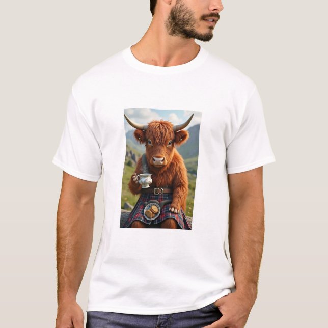 Scottish Hairy Coo Cow med te t-shirt (Framsida)