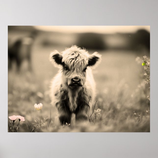 Scottish Highland Calf Baby Cow Miniature Sepia Poster (Framsidan)