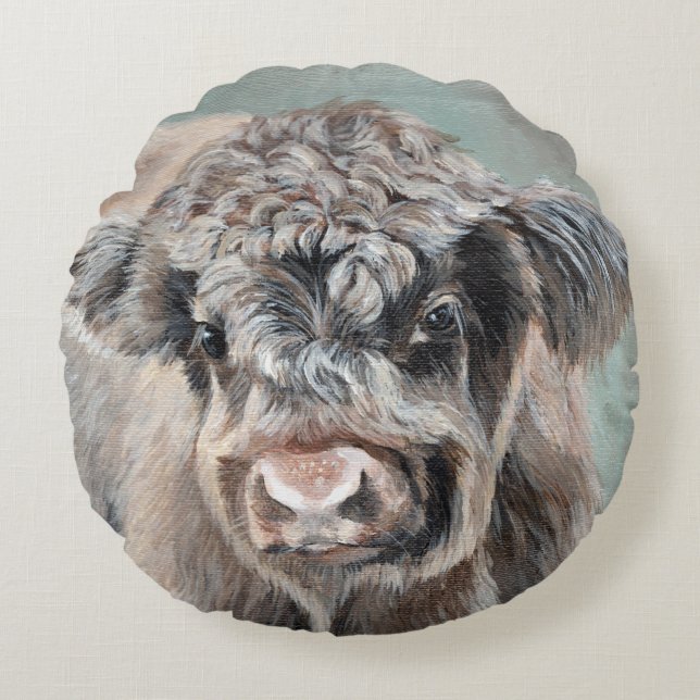 Scottish Highland Calf on Green Rund Kudde (Framsidan)