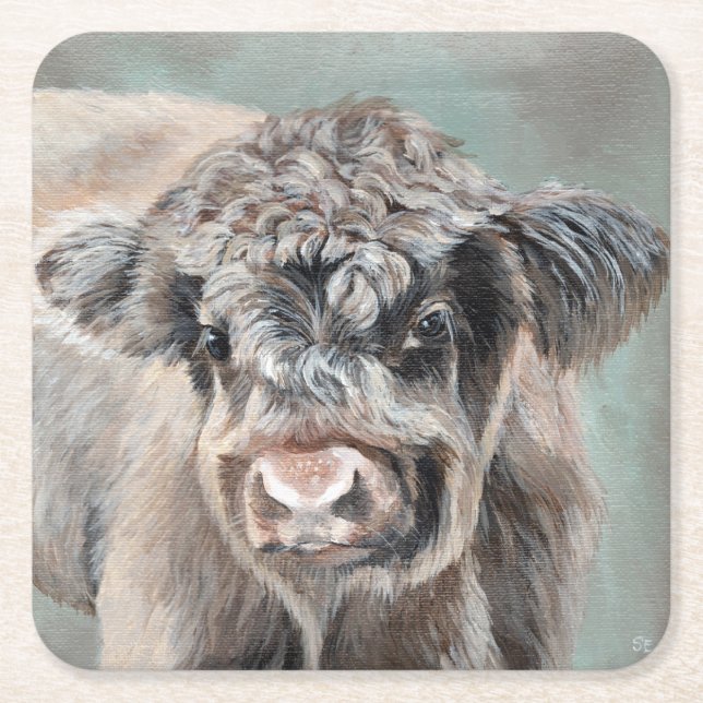Scottish Highland Calf on Green Underlägg Papper Kvadrat (Framsidan)