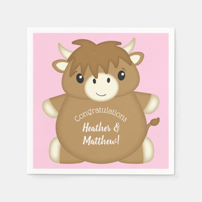 Scottish Highland Cow Baby Shower Rosa Pappersservett (Framsidan)