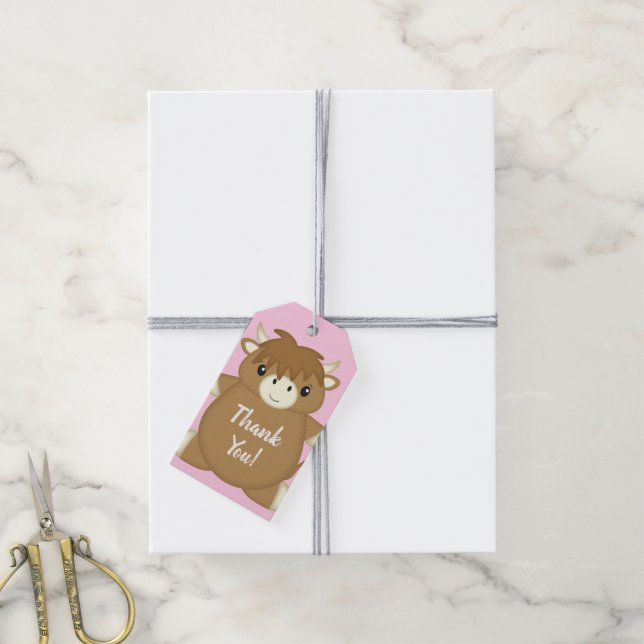 Scottish Highland Cow Baby Shower Rosa Presentetikett (Med Snöre)
