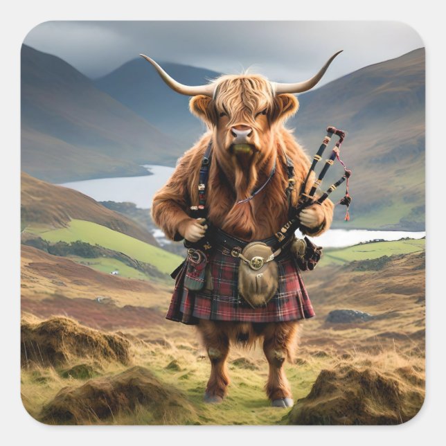 Scottish Highland Cow Bagpiper Fyrkantigt Klistermärke (Framsida)