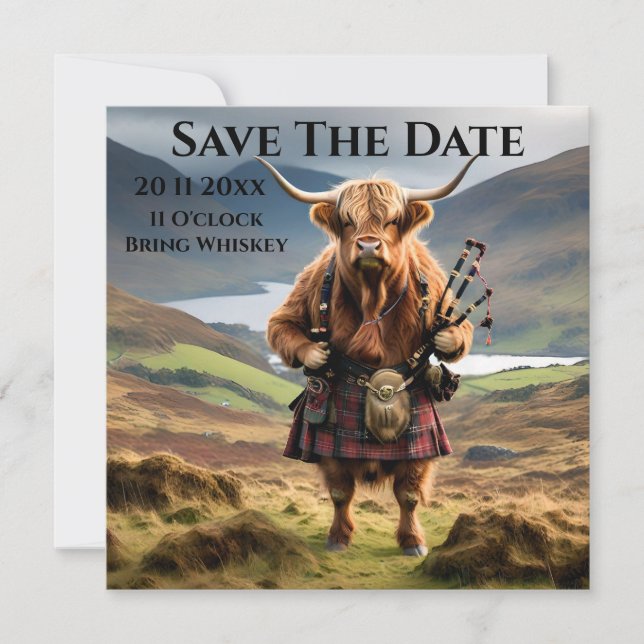 Scottish Highland Cow Bagpiper Spara Datumet (Framsida)